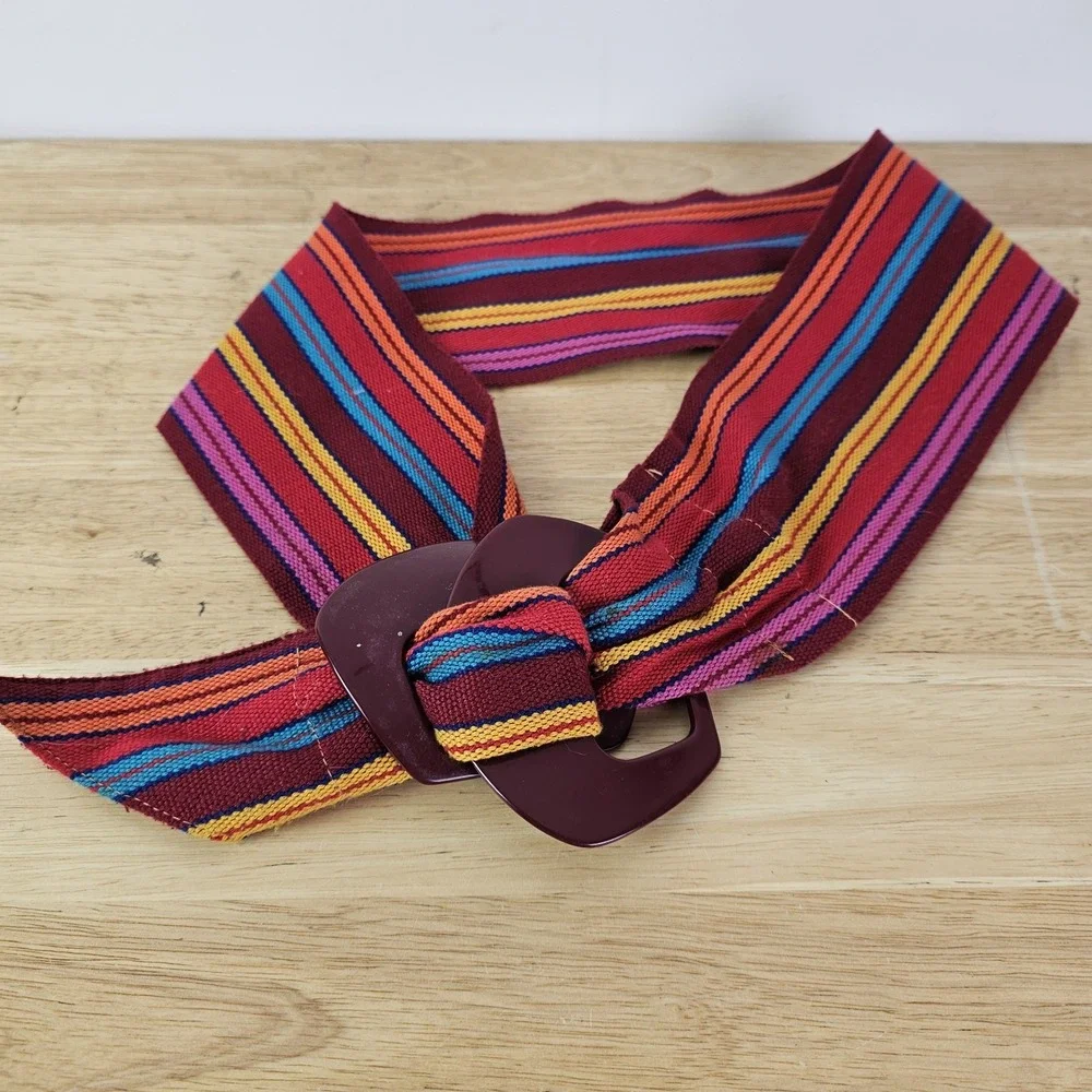 Vintage Rainbow Stripe‎ Fabric Belt Red Round Double Buckle Cotton Boho One Size